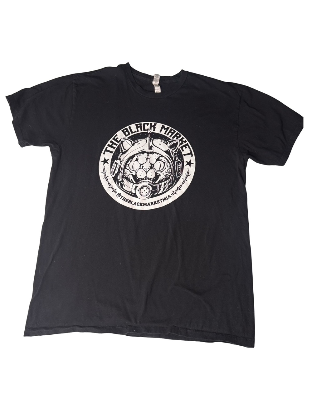 The Black Market Miami Black Short Sleeve Tee with White Cat Astronaut Graphic